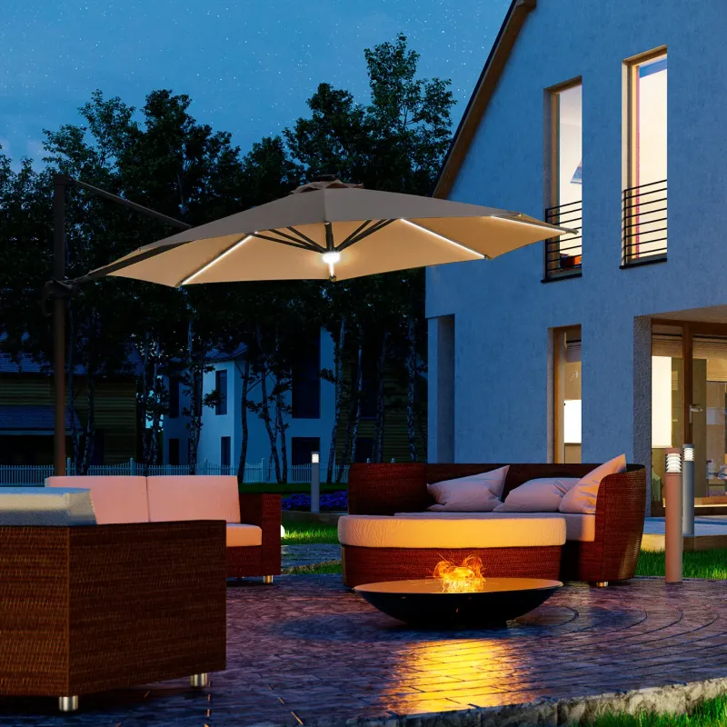  3m LED Cantilever Parasol with 360° Rotation and Solar Powered Lights - Brown