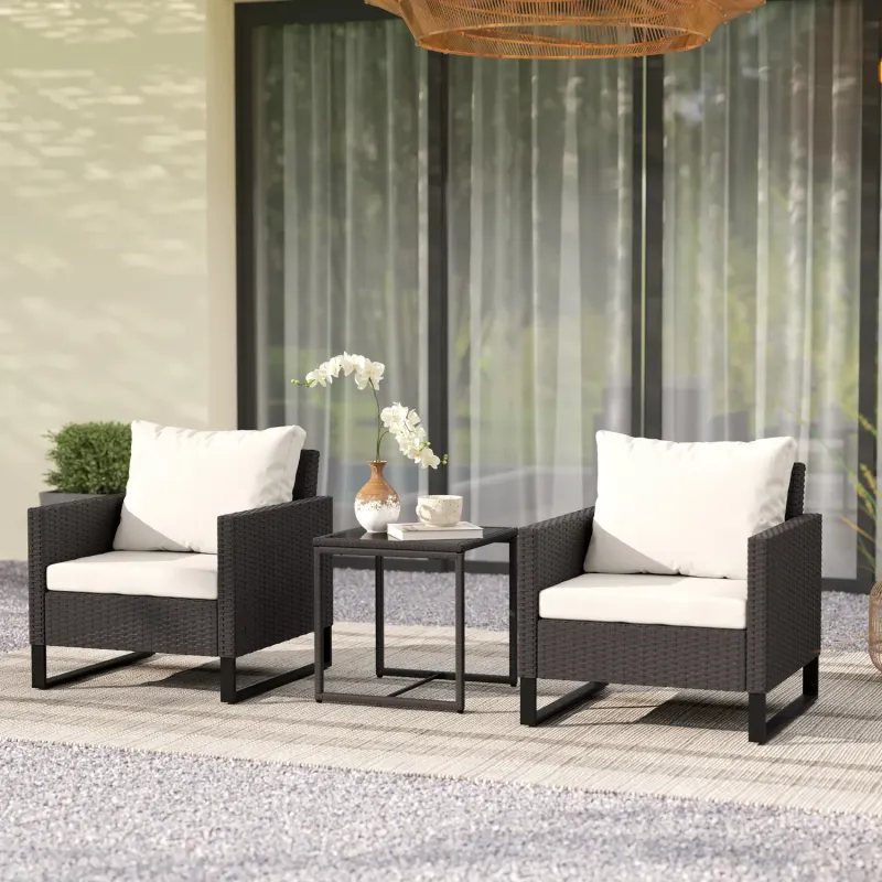  3-Piece Rattan Bistro Set with Cushions - Brown