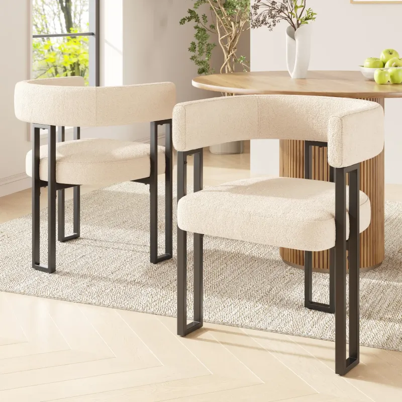 Set of 2 Beige Flannel Dining Chairs with Curved Backrest