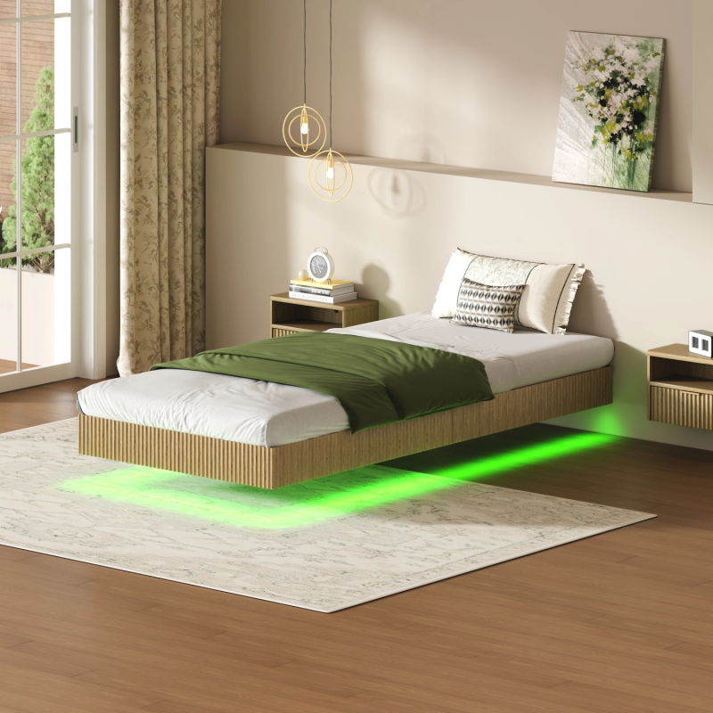 Modern Floating Bed with LED Headboard and Power Sockets - Oak, 90 x 200 cm
