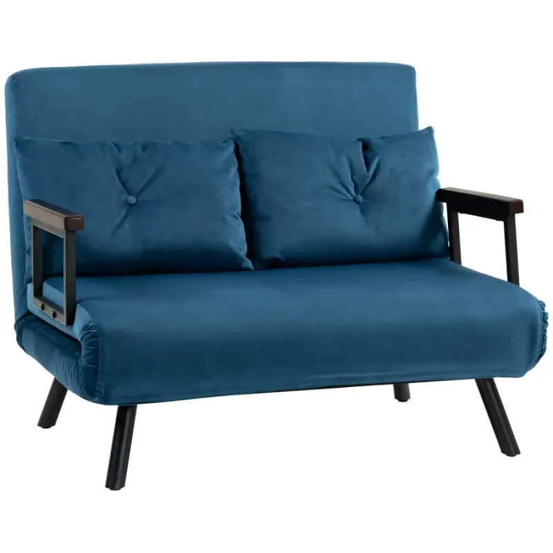 4-in-1 Blue Velvet-Feel 2-Seater Sofa Bed with Wooden Armrests