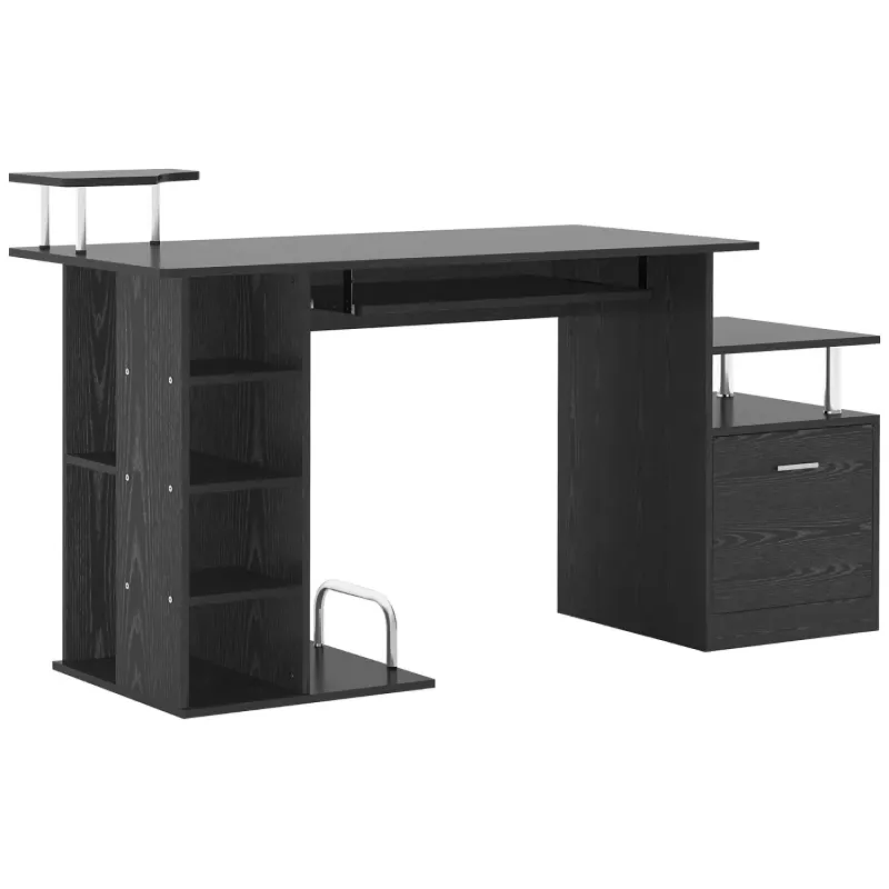 Large Black Home Office Computer Desk with Shelves, Drawer and Keyboard Tray