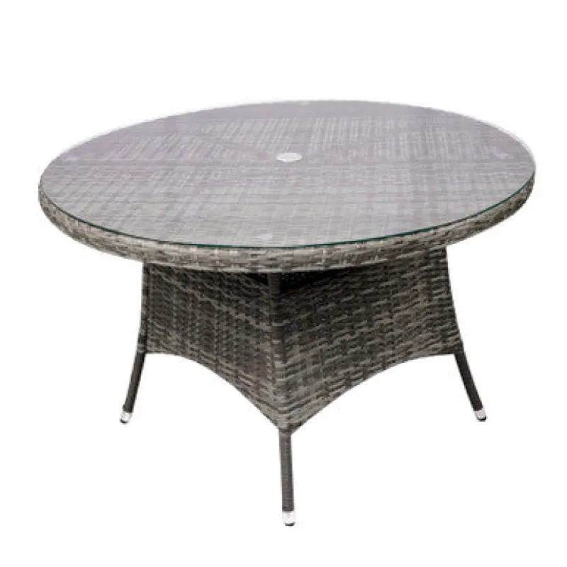 Aluminium and Rattan 4 Seater Round Garden Dining Table with Glass Top & Parasol Hole - Grey