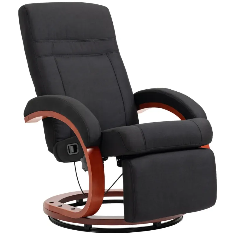 Manual Reclining Swivel Armchair with Integrated Footrest - Black Linen-Look