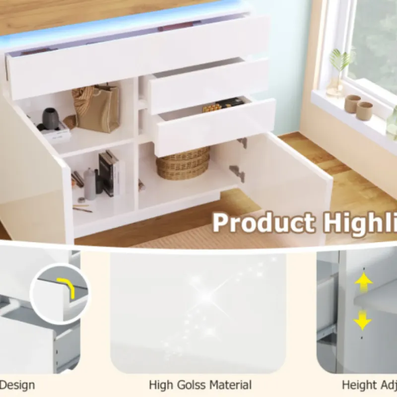 White High Gloss Sideboard with App-Controlled RGB LED Lighting - 2 Doors & 3 Drawers