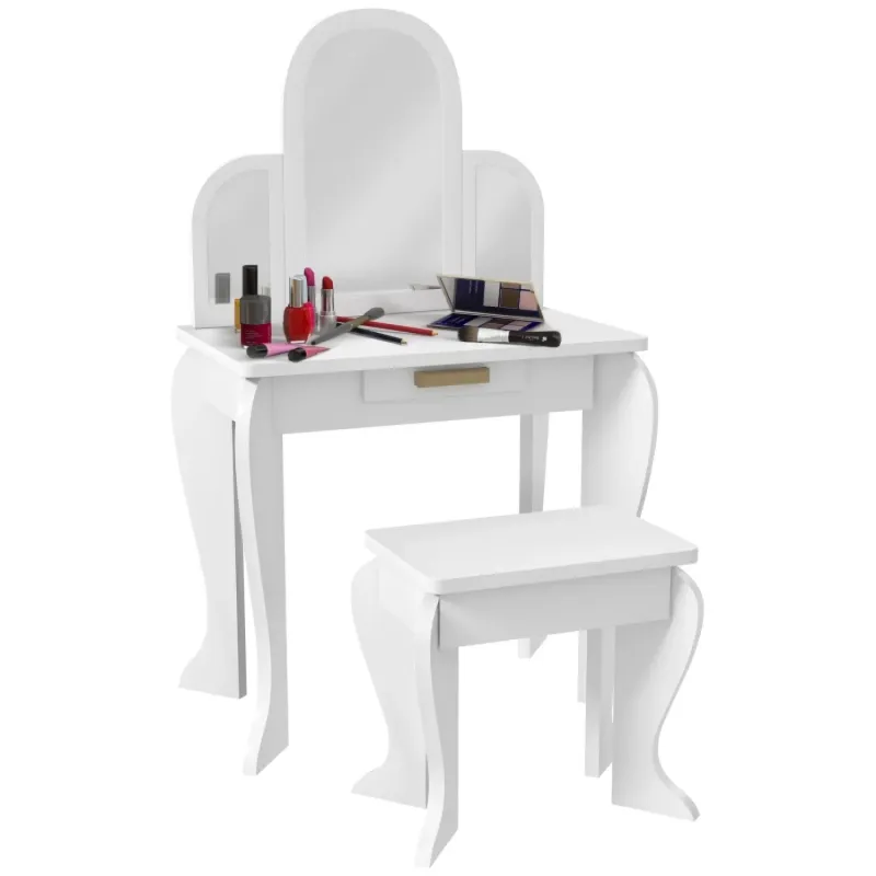  Kids Dressing Table Set with Mirror, Drawer and Stool - White