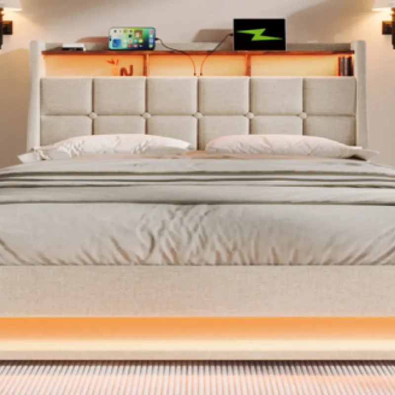 Super King Size Upholstered Ottoman Bed with LED Lighting and USB Charging - Beige Linen