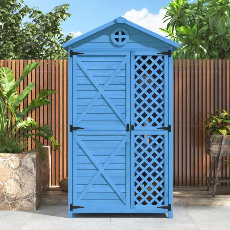 Fir Wood Garden Shed, 175cm Tall, in Blue, with 3 Shelves and Sloped Felt Roof