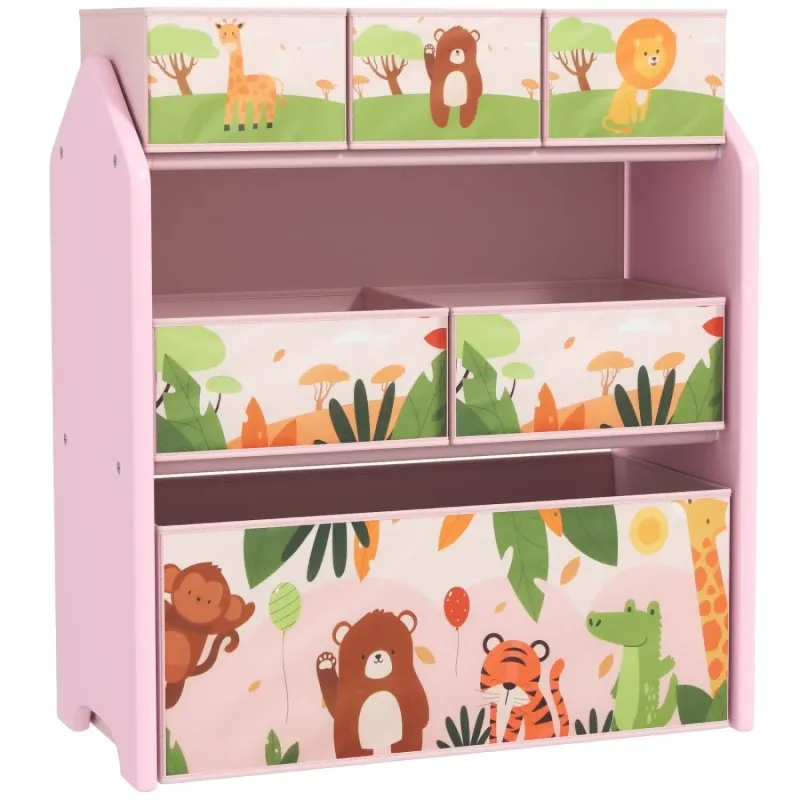 3-Tier Kids' Toy Storage Organiser with 6 Removable Fabric Bins - Pink
