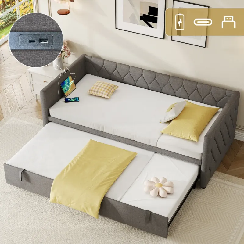 Grey Linen Upholstered Single Daybed with Pull-out Trundle and USB Charging Ports