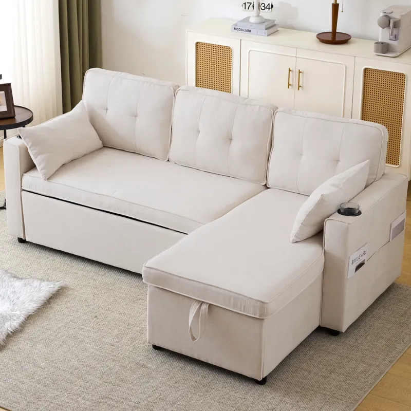 3-Seater L-Shaped Sofa Bed with Reversible Storage Chaise and Cup Holders - Beige