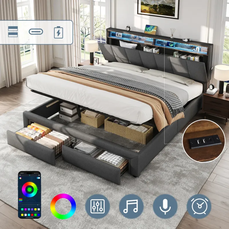 Ottoman Bed, King, Linen in Grey, with LED Headboard and Charging Station