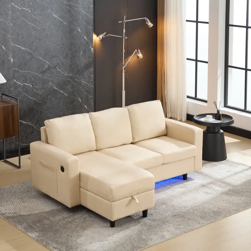 3-Seater Beige L-Shaped Corner Sofa with Storage, USB Charging and LED Lighting