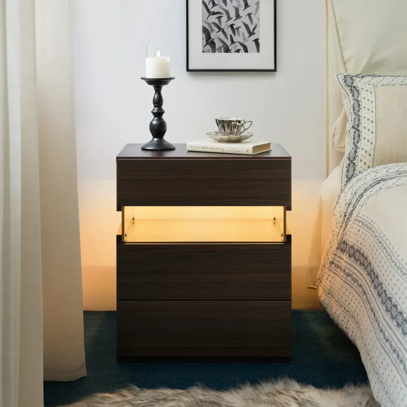 Walnut Bedside Table with 3 Drawers and RGB LED Lighting