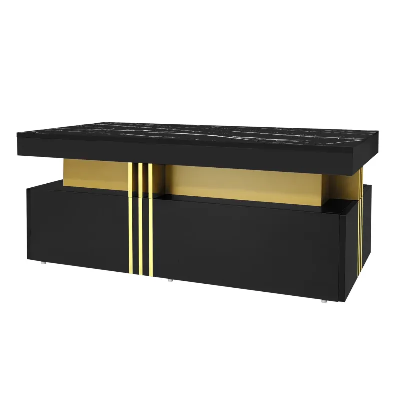 Rectangular Coffee Table, Marble Effect in Black, with 2 Drawers