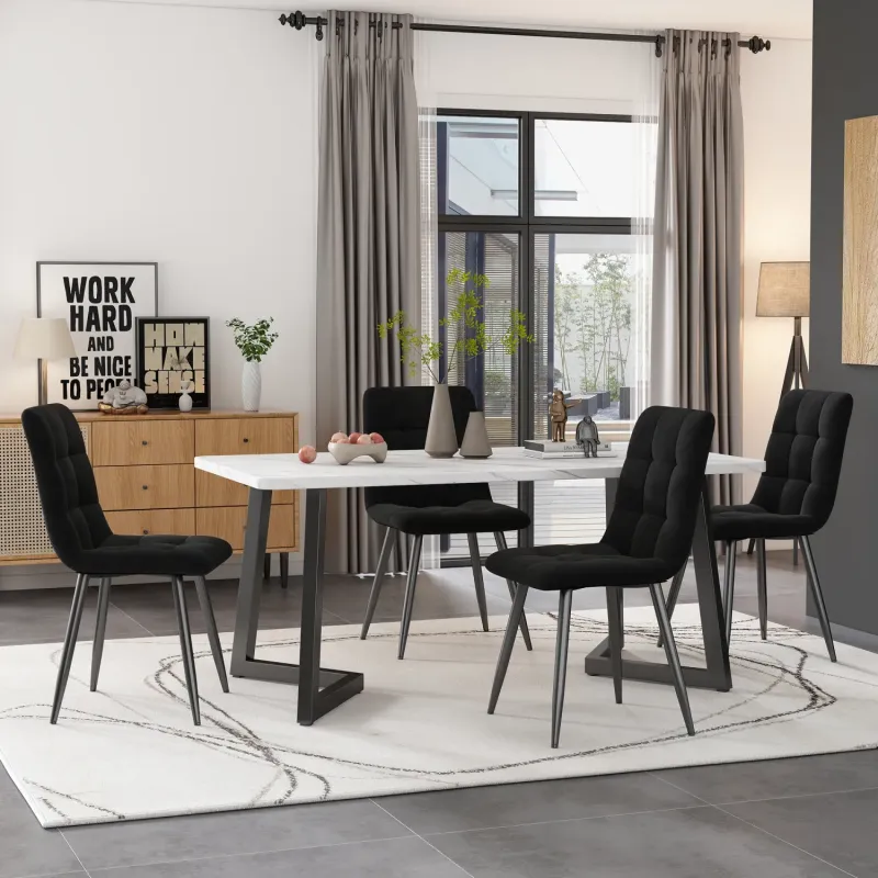 117cm Marble Effect Rectangular Dining Table and 4 Black Velvet Chairs Set