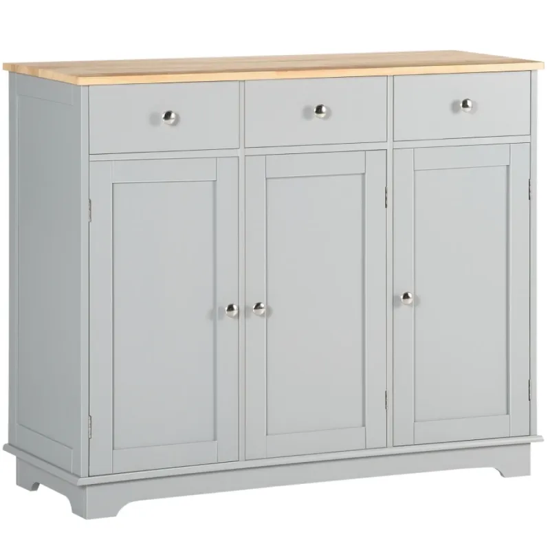 Grey Storage Sideboard with Solid Rubberwood Top and Adjustable Shelves