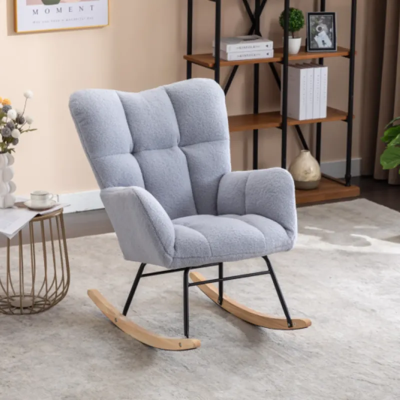 Mid-Century Modern Teddy Fabric Rocking Chair with Tufted Upholstery - Light Grey