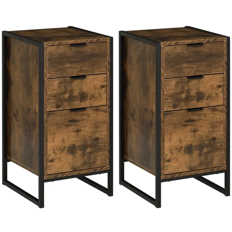 Set of 2 Industrial 3-Drawer Chest of Drawers with Metal Frame - Rustic Brown