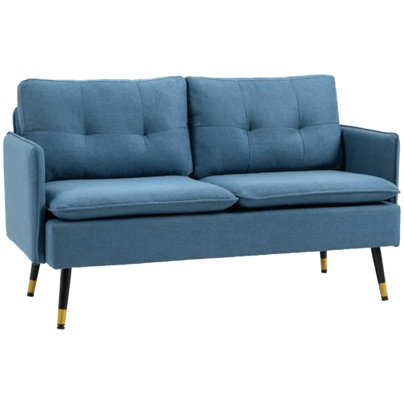 Modern 2-Seater Button Tufted Sofa with Gold-Tone Steel Legs - Dark Blue