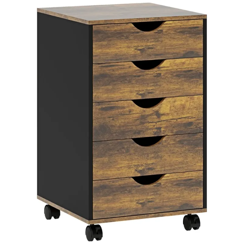  5-Drawer Mobile Filing Cabinet with Wheels - Rustic Brown