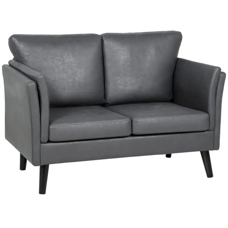  2-Seater Grey Leathaire Loveseat Sofa with Rubber Wood Legs