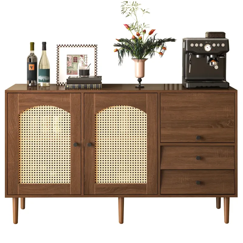 130cm Rattan Door Sideboard with Adjustable Shelves - Wood Tone