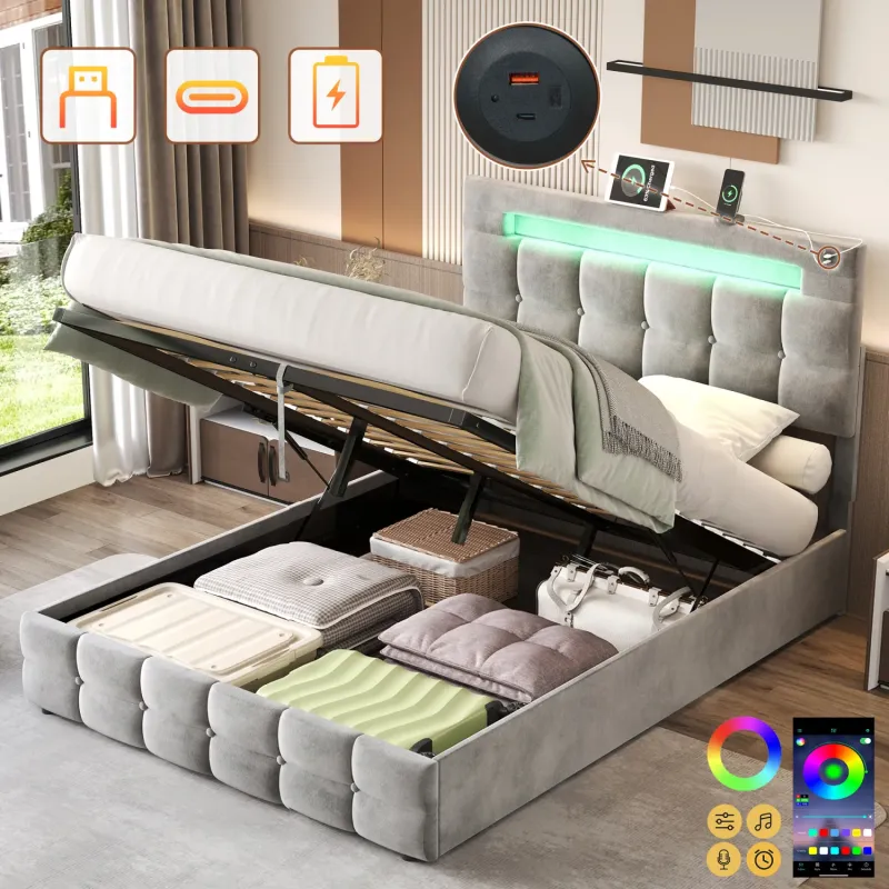 Double Velvet Ottoman Bed Frame with LED Lighting, USB Charging & Hydraulic Storage - Grey