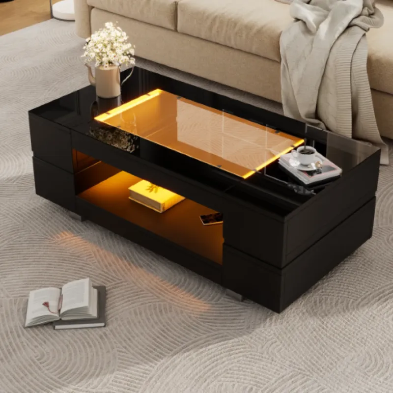 100cm Black High Gloss Coffee Table with App-Controlled LED Lights and Glass Top