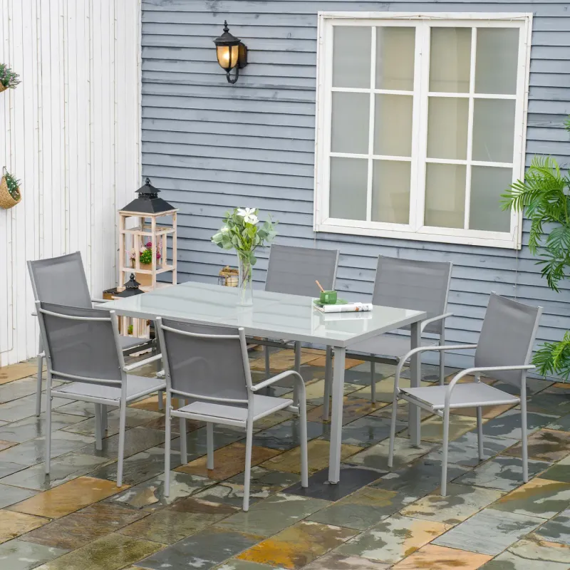  7-Piece Garden Dining Set - Rectangular Glass Table & 6 Stackable Chairs - Grey