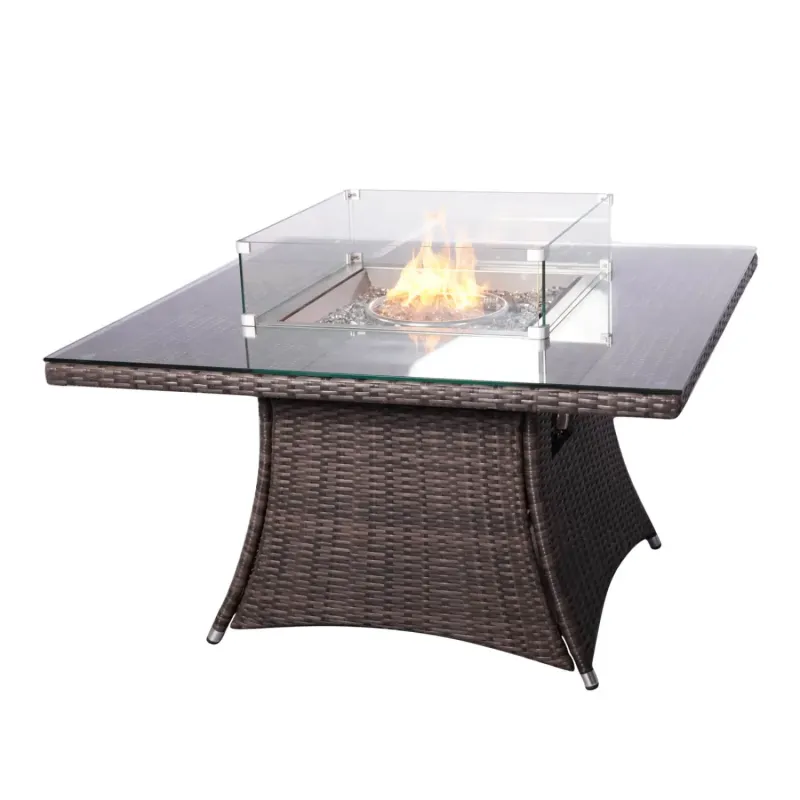 120cm Square Gas Fire Pit Table with Rattan Base and Aluminium Top