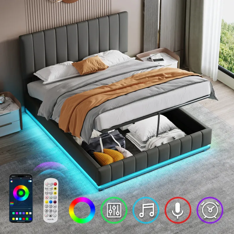 Grey PU Leather Upholstered Double Ottoman Bed with RGB LED Lighting