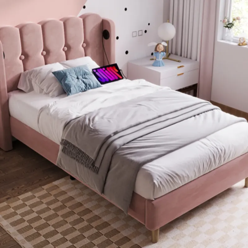 Pink Velvet 3ft Single Upholstered Bed Frame with USB and Type-C Charging