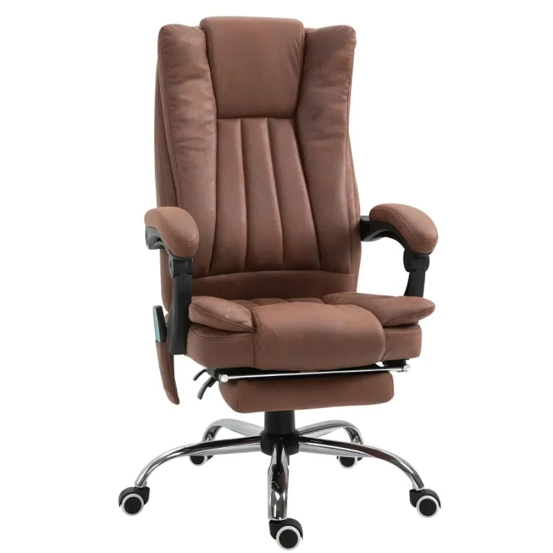 Executive Reclining Office Chair with 6-Point Massage, Heat and Footrest - Brown Microfibre
