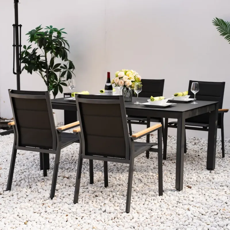 Arve Aluminium Garden Dining Set, 4 Seater Set, in Grey, with a Rectangular Table, Ceramic Glass & Teak Armrests