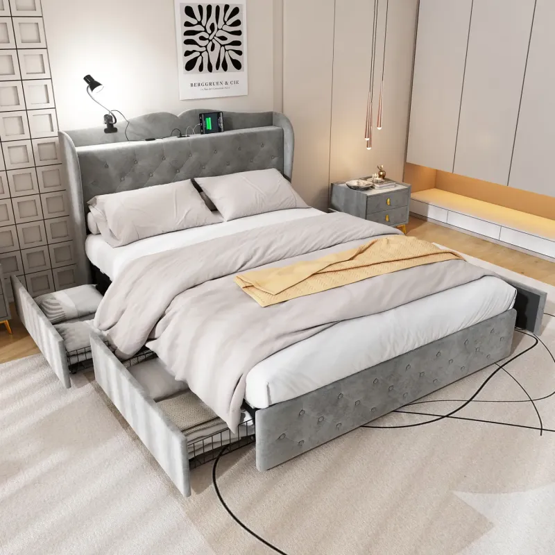 Grey Velvet 4ft6 Double Upholstered Bed with 4 Drawers, USB Charging and LED Lamp