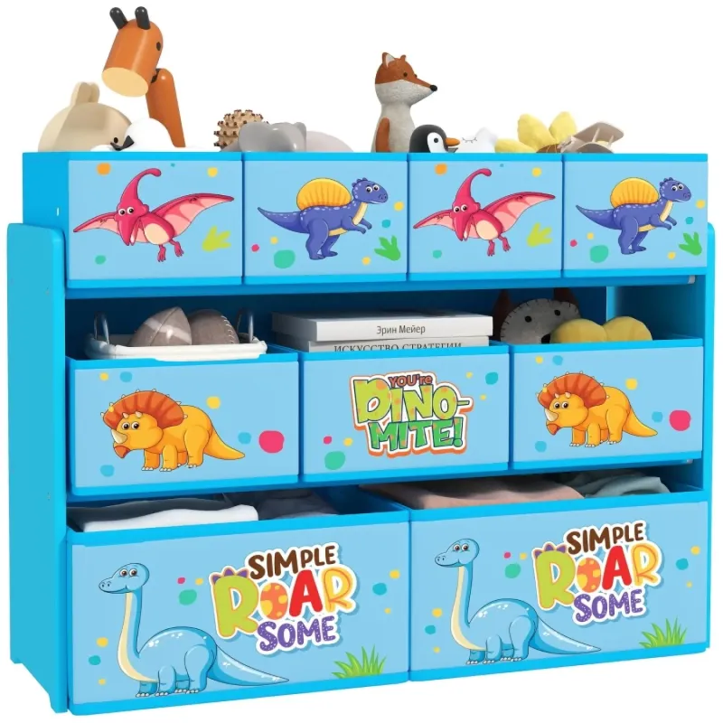 Kids Dinosaur 3-Tier Storage Unit with 9 Fabric Toy Boxes - Blue