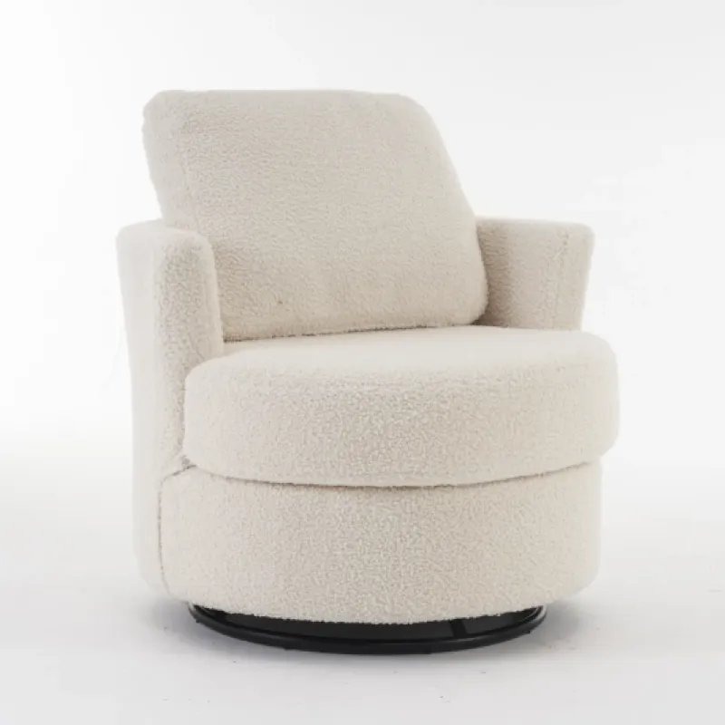 White Teddy Fabric 360-Degree Swivel Armchair with Back Cushion