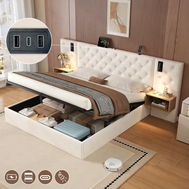 Velvet Ottoman Bed, King, in Beige, with Charging Station and Reading Light