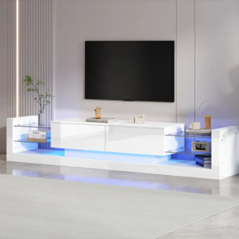High Gloss TV Stand, 181cm, in White, with LED Lights and 9 Storage Compartments