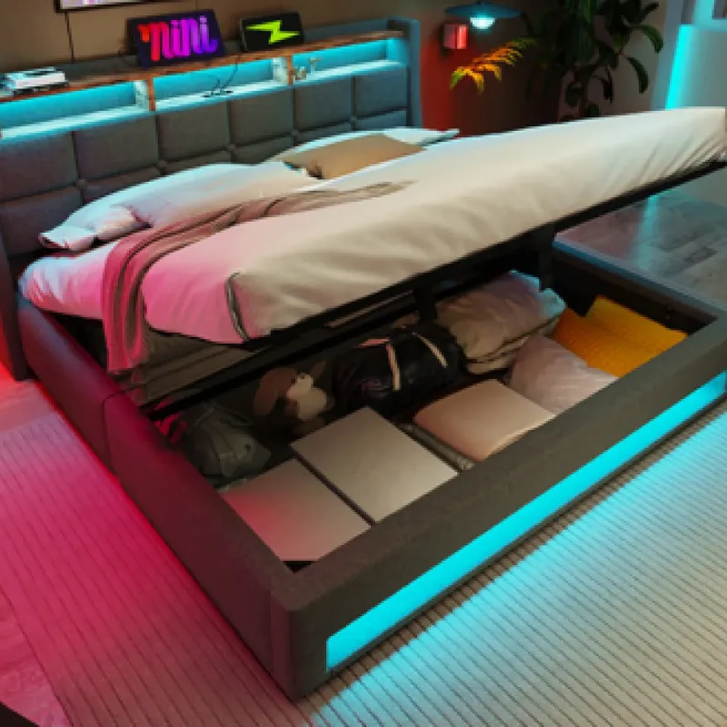 Grey Linen Upholstered Ottoman Double Bed with LED Lighting and USB Charging Station