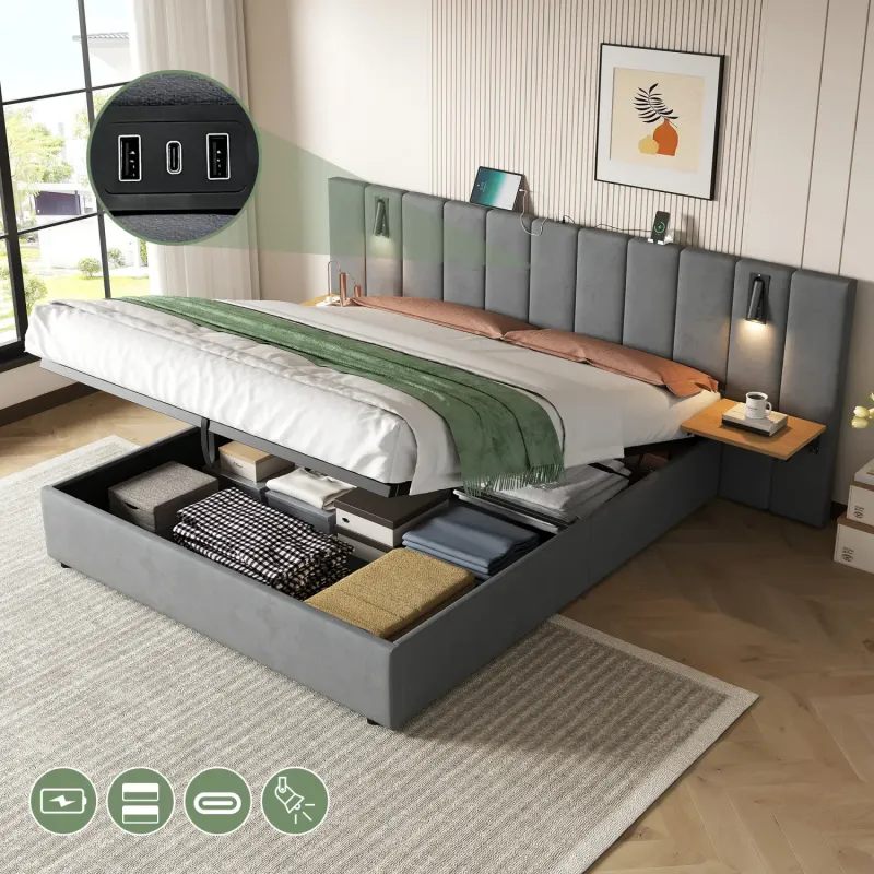 Velvet Ottoman Bed, King, in Grey, with Charging Station and Reading Light