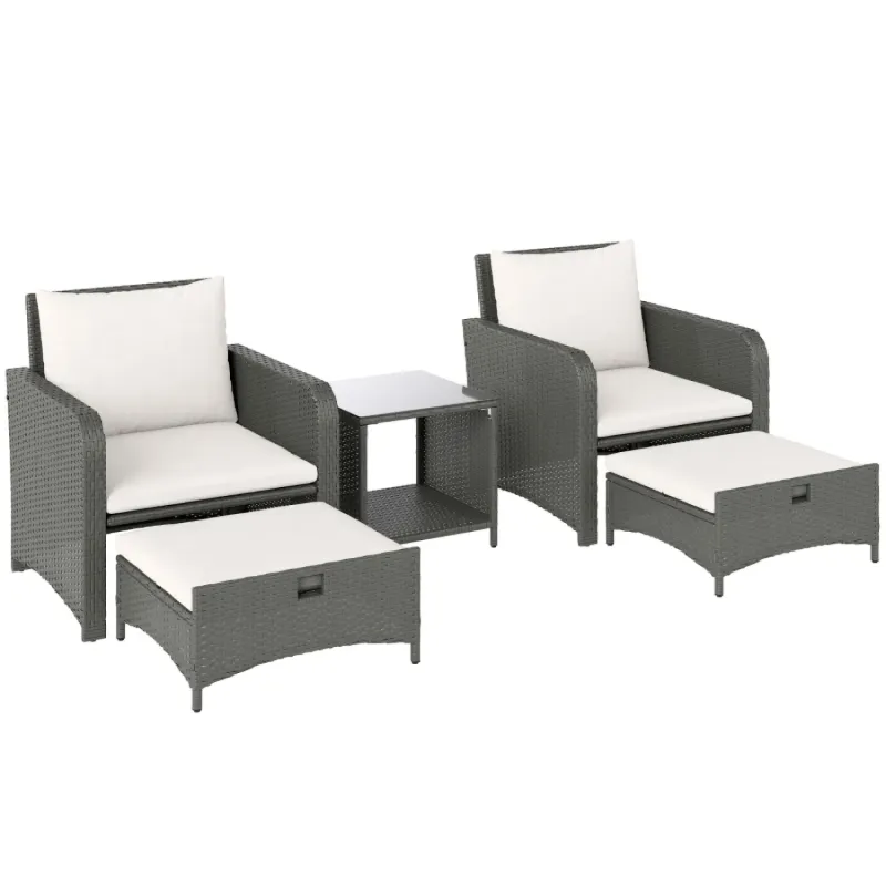5-Piece Rattan Garden Lounge Set with Nesting Ottomans and 2-Tier Coffee Table - Cream White