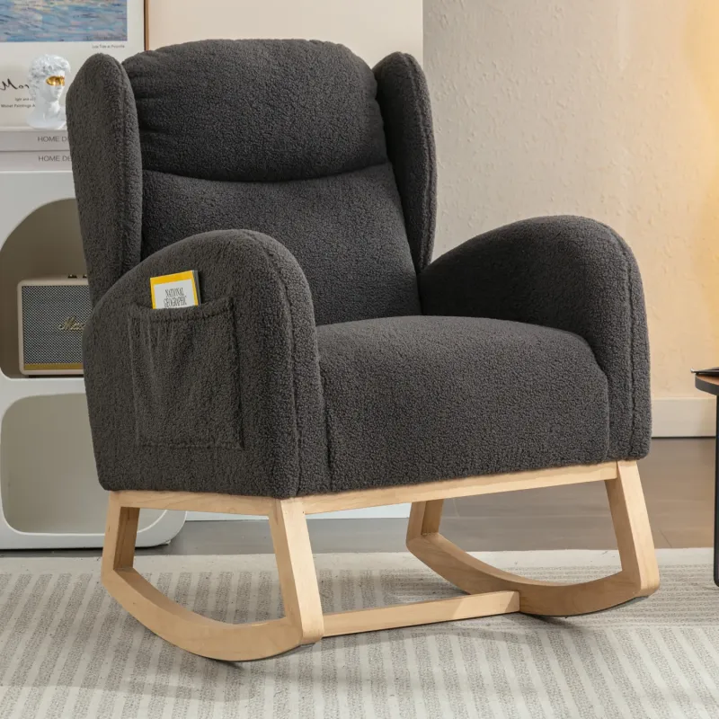 Modern Grey Teddy Fabric Rocking Chair - Wingback Upholstered Nursing Armchair