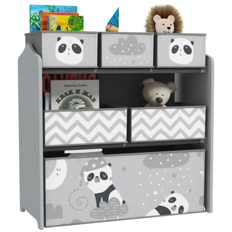 Kids' Toy Storage Organiser with 6 Fabric Bins - Grey