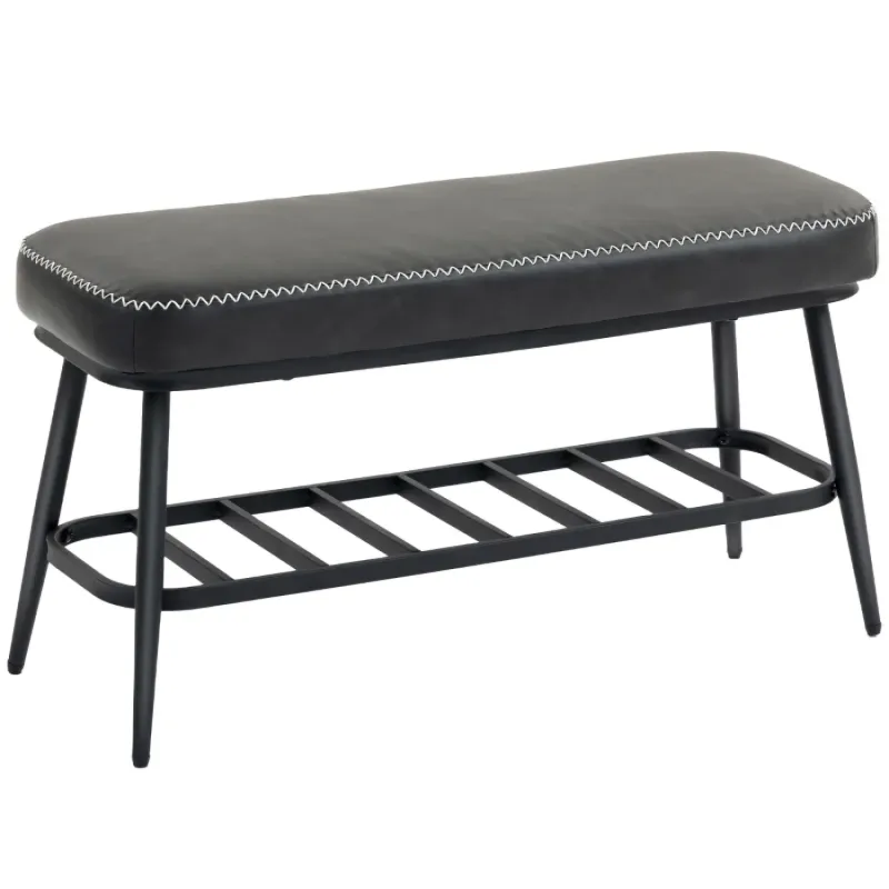 Charcoal Grey PU Leather Shoe Storage Bench with Metal Frame