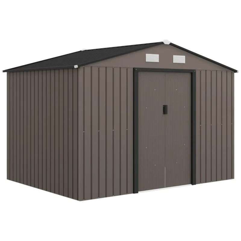  9 x 6ft Metal Garden Shed with Foundation Kit and Lockable Double Doors - Brown
