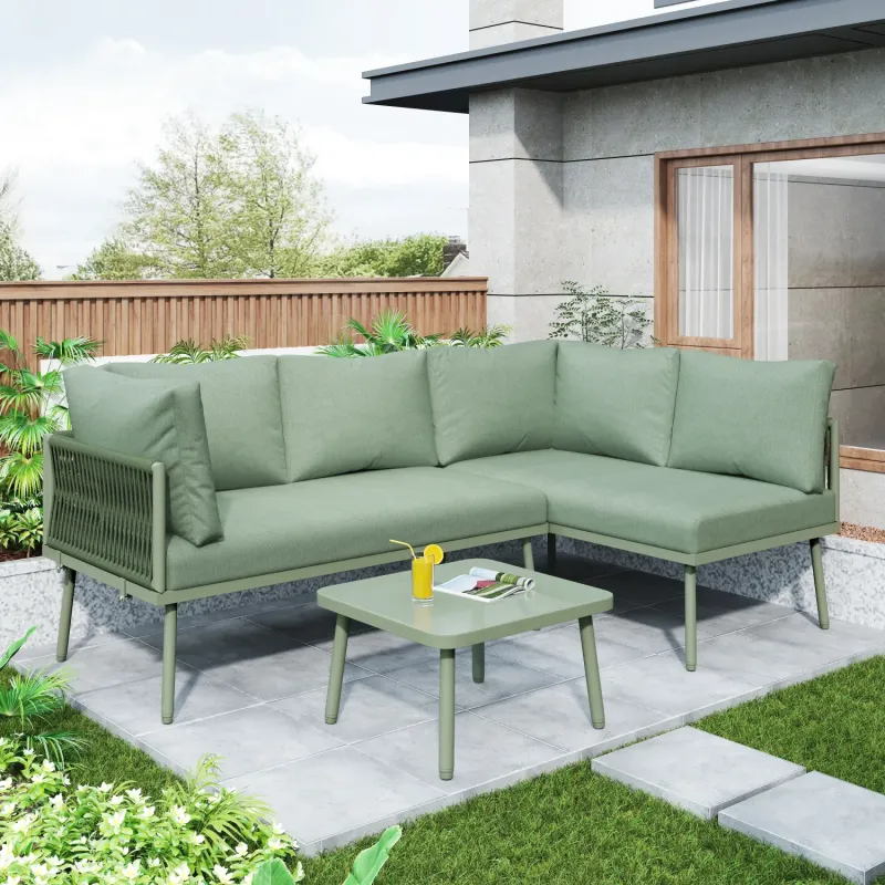 5-Seater Green L-Shaped Garden Corner Sofa Set with Rope Weave and Glass Coffee Table