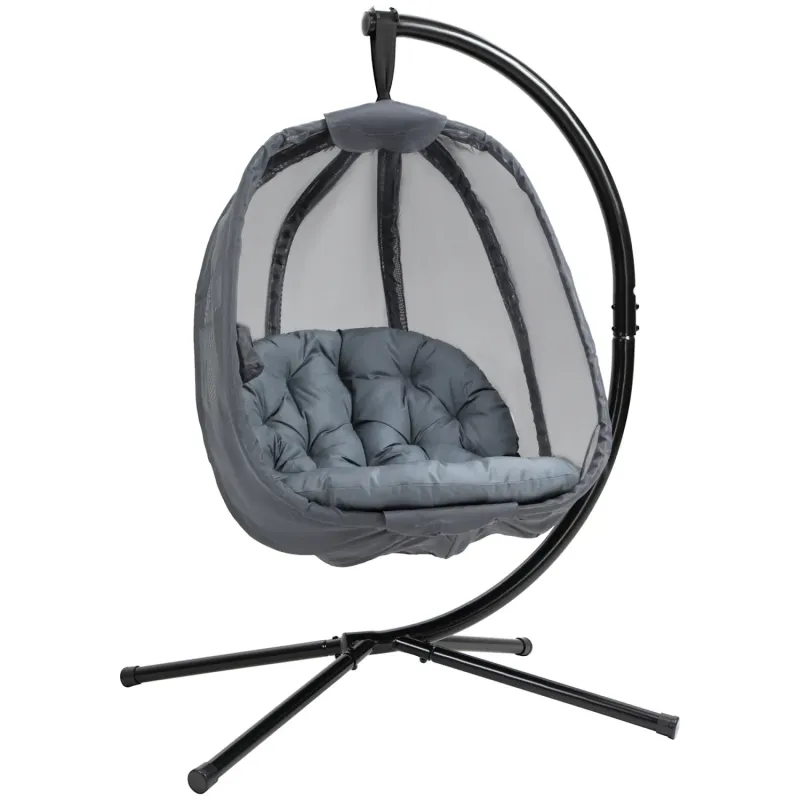  Folding Hanging Egg Chair with Stand, Padded Cushion and Side Pocket - Grey