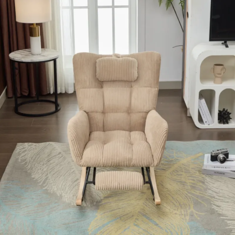 Corduroy Rocking Chair with Adjustable Footrest and Side Pocket - Brown